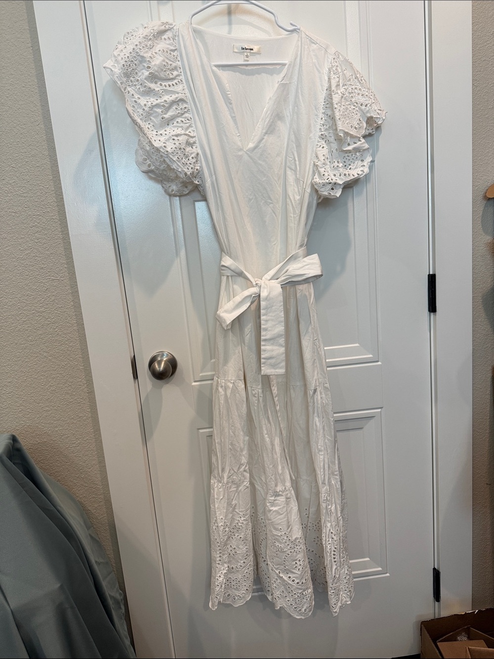 White Eyelet Maxi Dress with Puff Sleeves and Tie Waist by lalavon